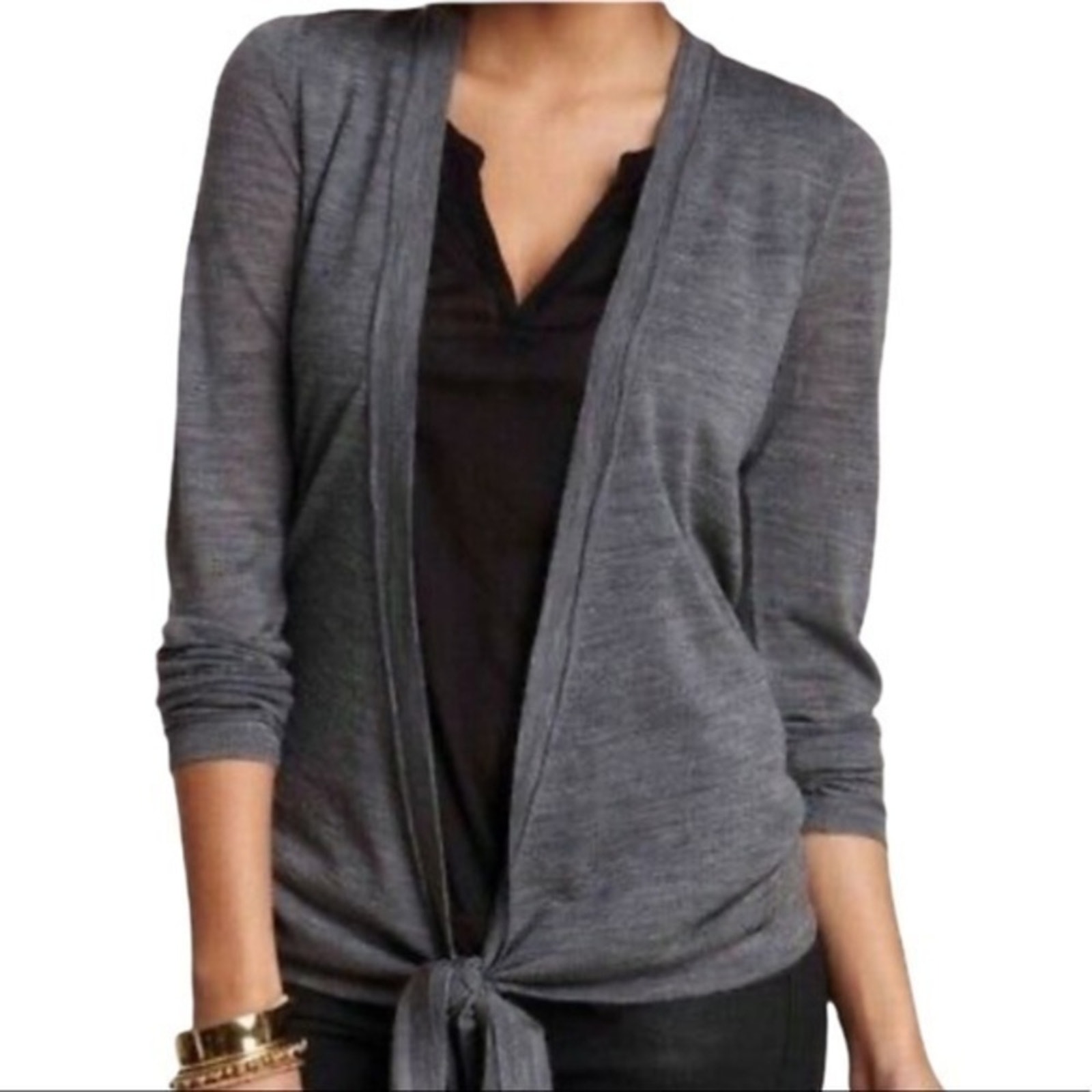 Vertigo Paris Gray Wrap Tie Front Merino Wool Open Front Cardigan Sweater M Nwt